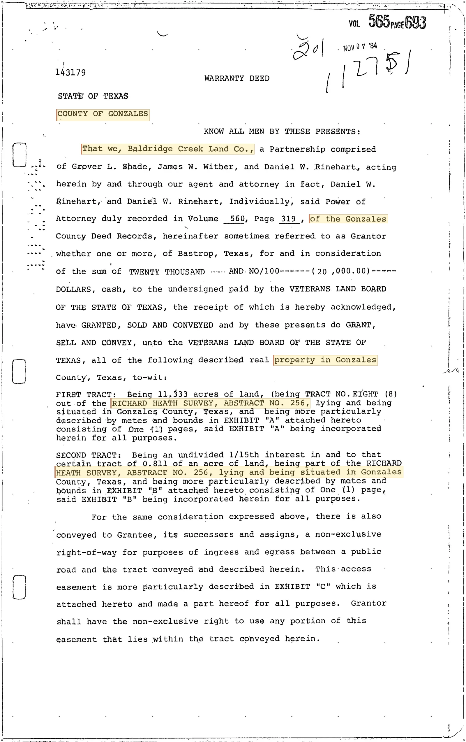 Baldridge Creek Land Co - Recorded Warranty Deed (Vol. 565, Page 693)