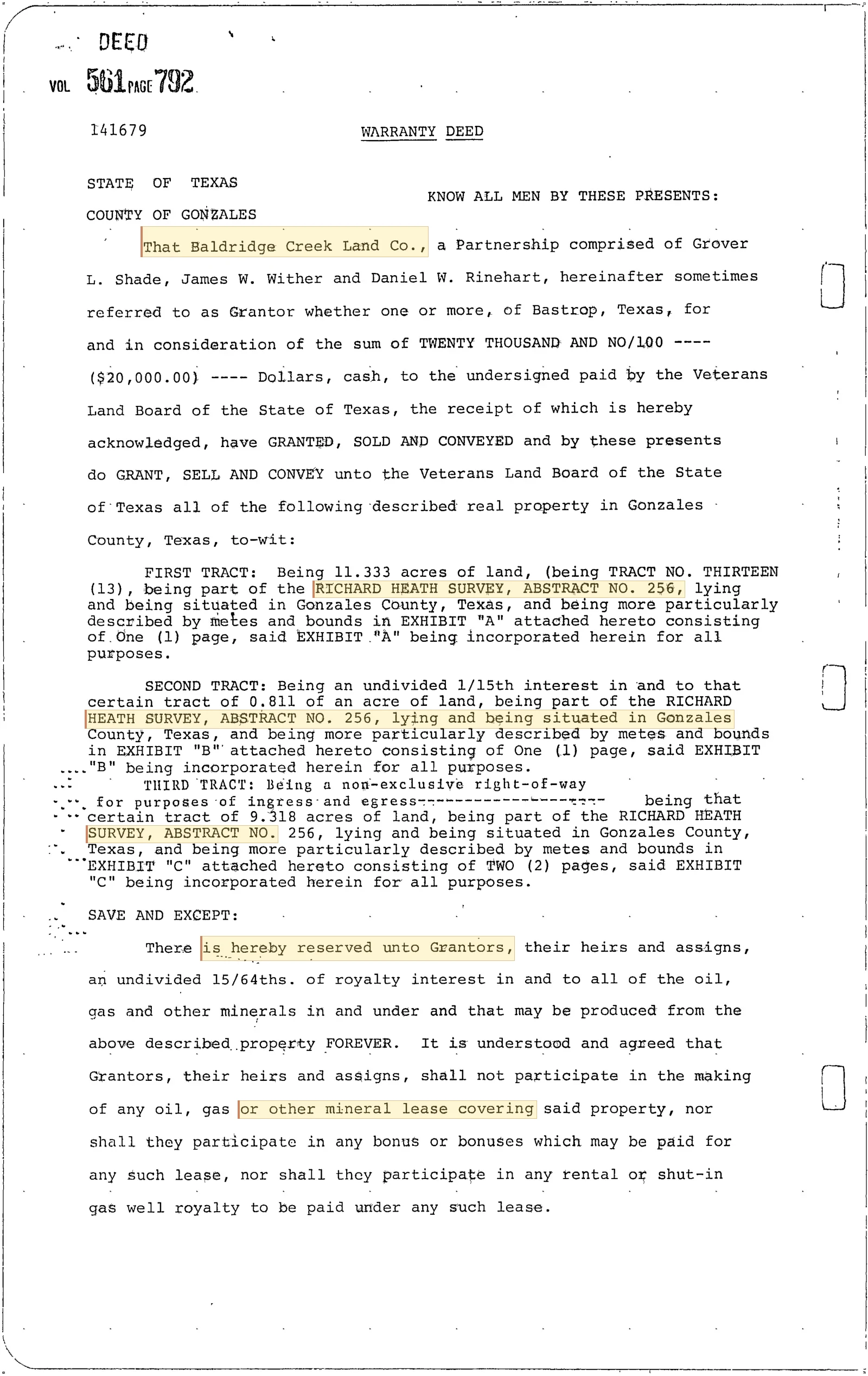 Baldridge Creek Land Co - Recorded Warranty Deed (Vol. 561, Page 792)