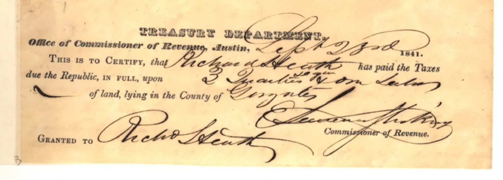 Heath, Richard Original Cursive Land Grant & Field Notes (Gonzales County, Abstract A-256)